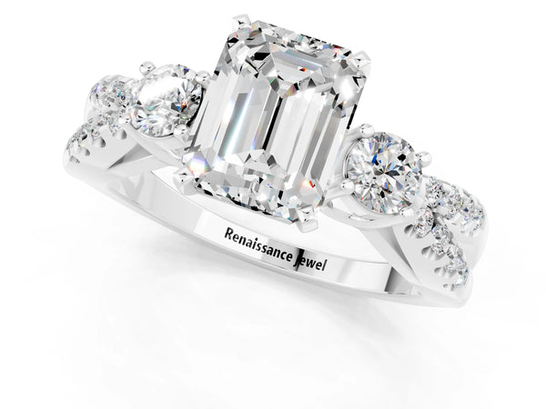 Platinum Emerald Cut Moissanite Three-Stone Ring with Pavé Split Shank and Four-Prong Setting
