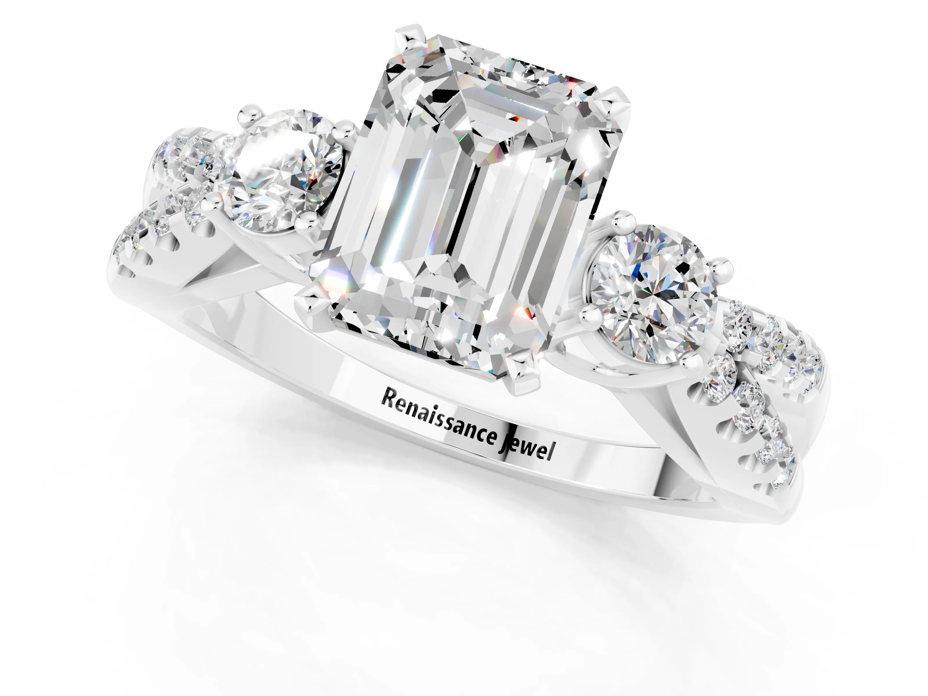 White gold Emerald Cut Moissanite Three-Stone Ring with Pavé Split Shank and Four-Prong Setting_1