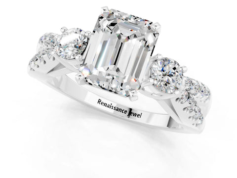 White gold Emerald Cut Moissanite Three-Stone Ring with Pavé Split Shank and Four-Prong Setting_1