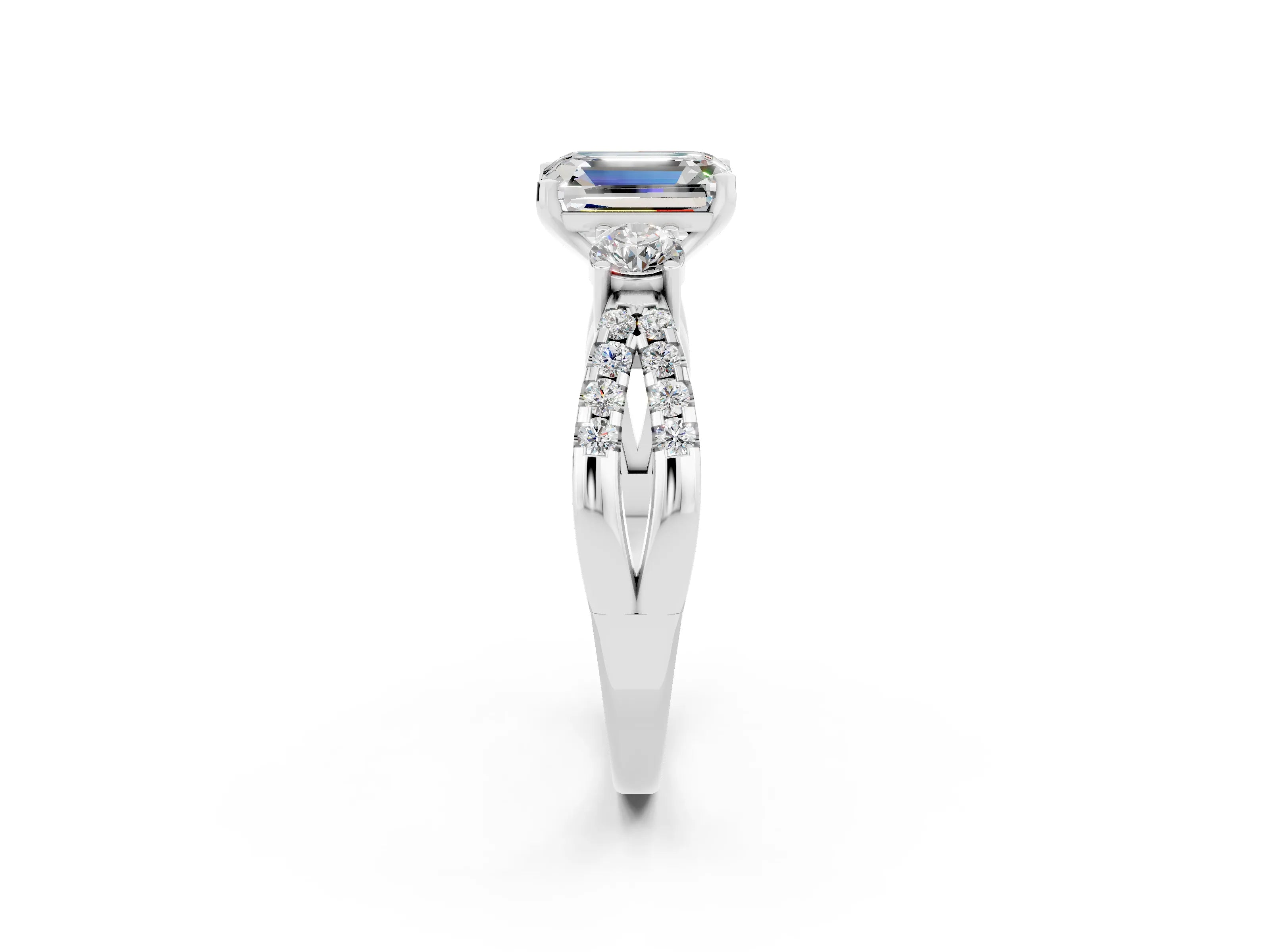 White gold Emerald Cut Moissanite Three-Stone Ring with Pavé Split Shank and Four-Prong Setting_2