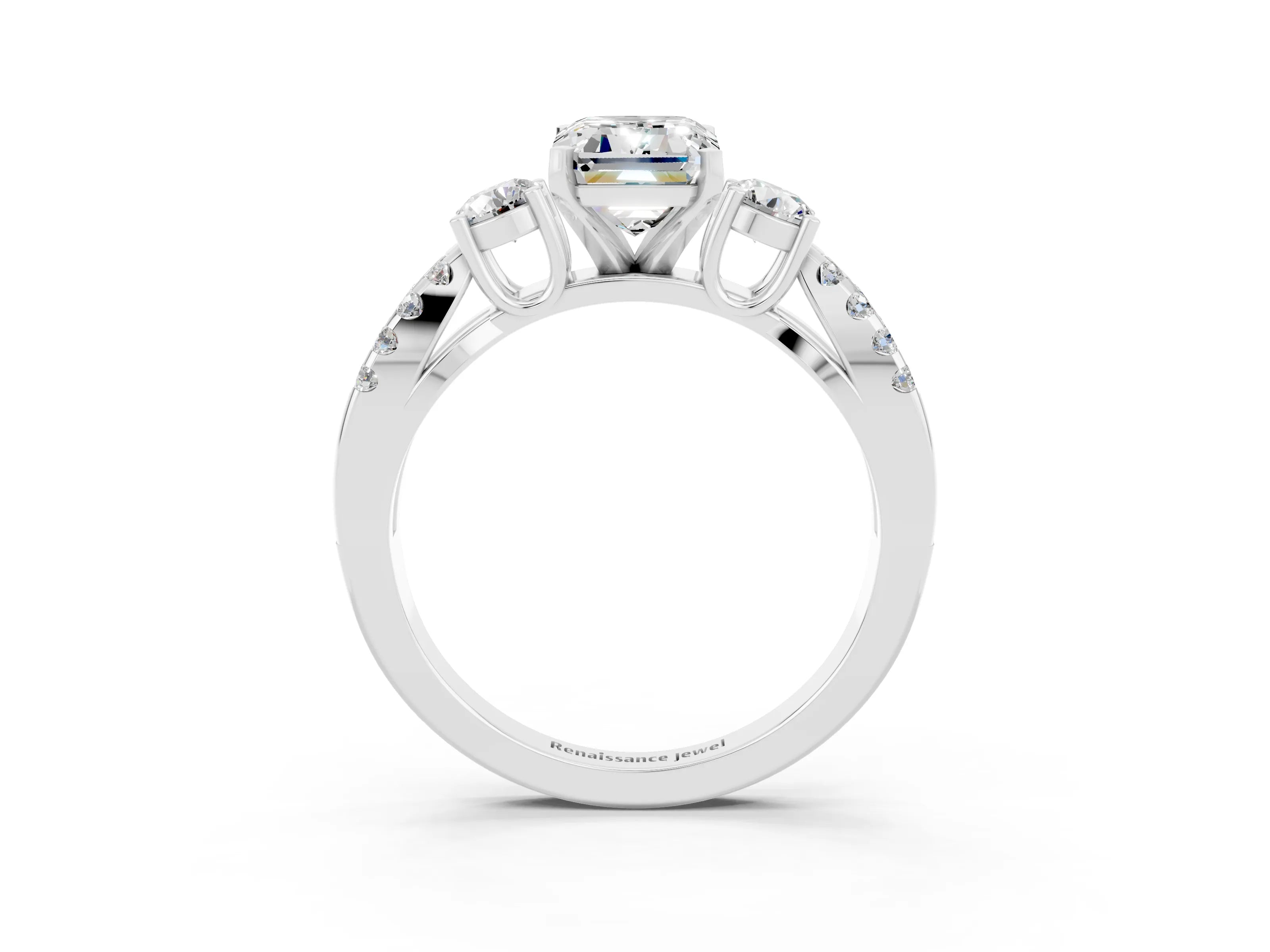 White gold Emerald Cut Moissanite Three-Stone Ring with Pavé Split Shank and Four-Prong Setting_3