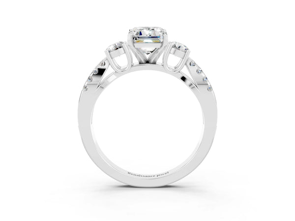 White gold Emerald Cut Moissanite Three-Stone Ring with Pavé Split Shank and Four-Prong Setting