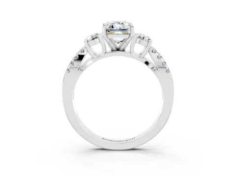 White gold Emerald Cut Moissanite Three-Stone Ring with Pavé Split Shank and Four-Prong Setting_3