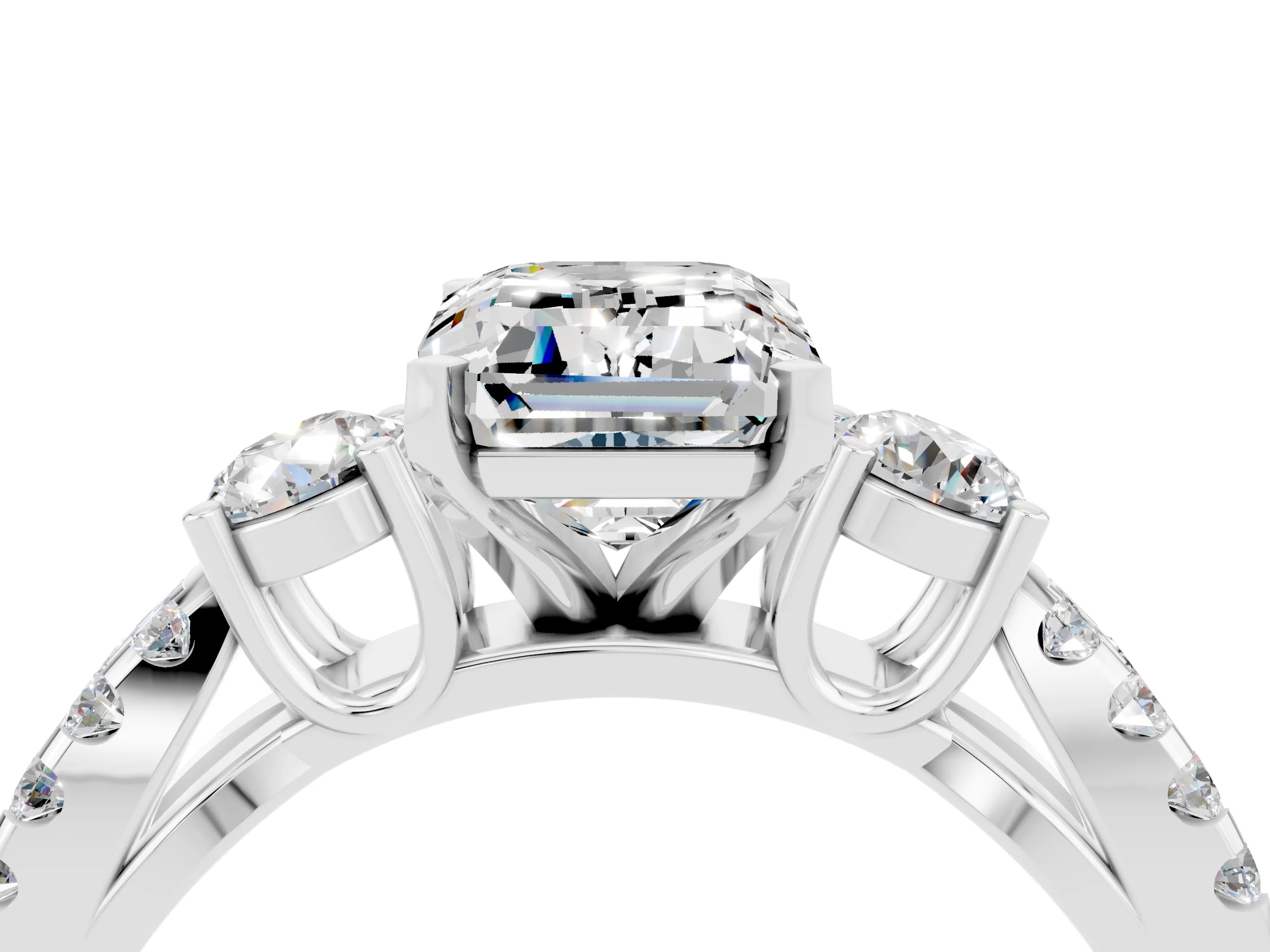 White gold Emerald Cut Moissanite Three-Stone Ring with Pavé Split Shank and Four-Prong Setting_4