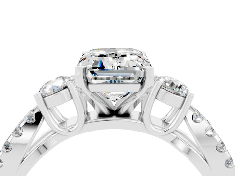 White gold Emerald Cut Moissanite Three-Stone Ring with Pavé Split Shank and Four-Prong Setting_4