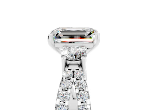 White gold Emerald Cut Moissanite Three-Stone Ring with Pavé Split Shank and Four-Prong Setting_5