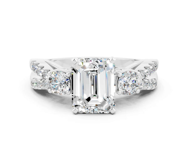 Silver Emerald Cut Moissanite Three-Stone Ring with Pavé Split Shank and Four-Prong Setting