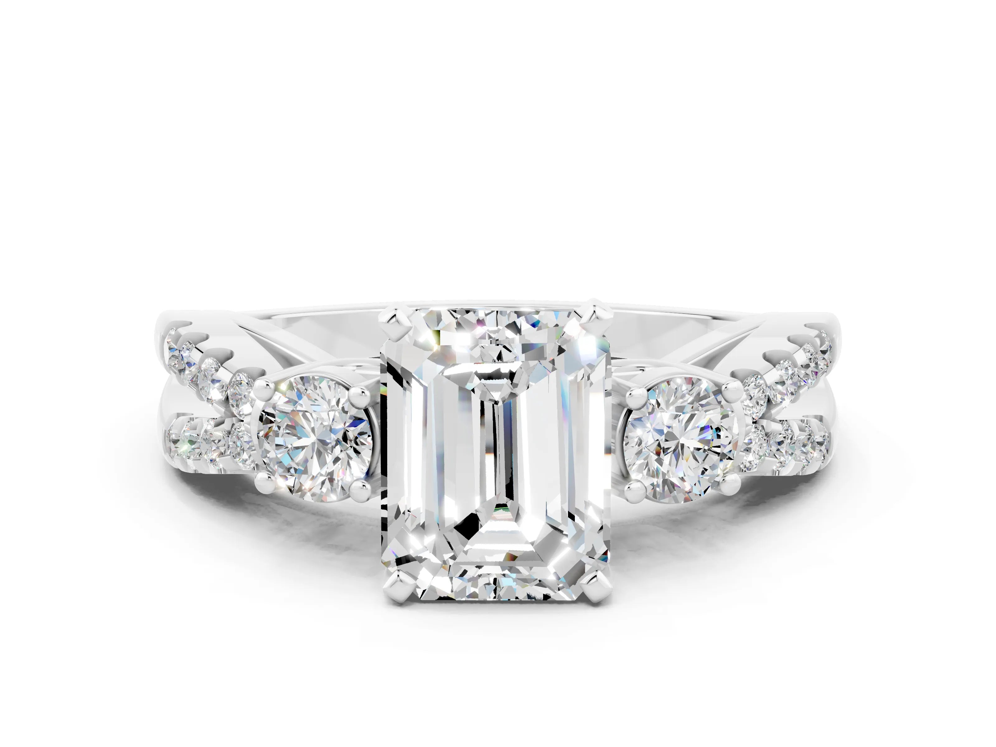 White gold Emerald Cut Moissanite Three-Stone Ring with Pavé Split Shank and Four-Prong Setting