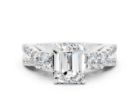 White gold Emerald Cut Moissanite Three-Stone Ring with Pavé Split Shank and Four-Prong Setting
