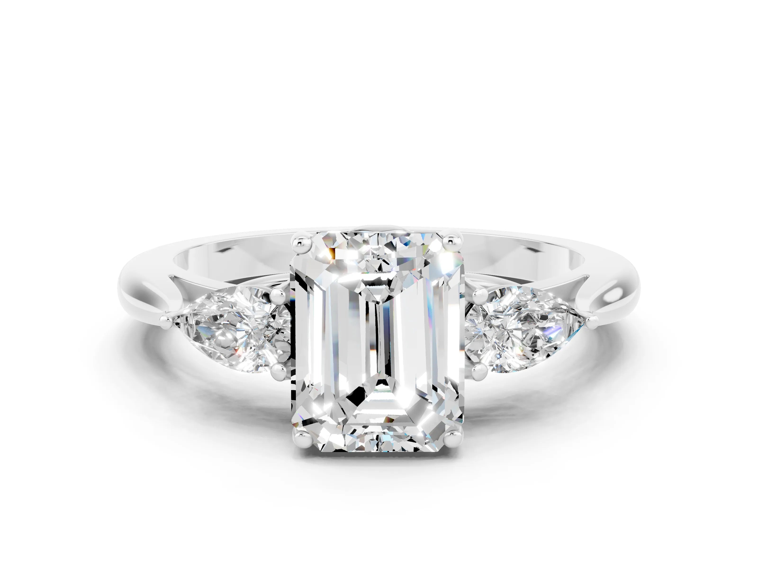 White gold Emerald Cut Moissanite Three-Stone Ring with Pear Side Stones and Four-Prong Setting_12