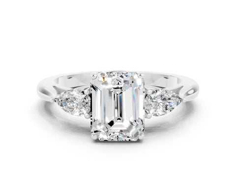 White gold Emerald Cut Moissanite Three-Stone Ring with Pear Side Stones and Four-Prong Setting_12