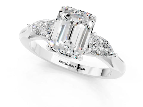 White gold Emerald Cut Moissanite Three-Stone Ring with Pear Side Stones and Four-Prong Setting_13