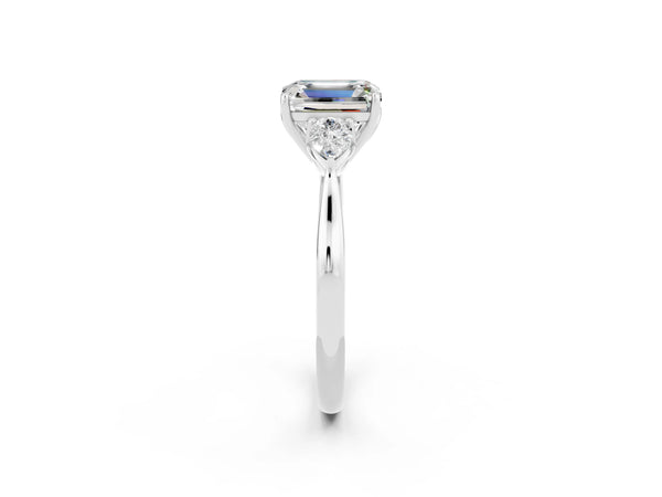 Platinum Emerald Cut Moissanite Three-Stone Ring with Pear  Side Stones and Prong Setting
