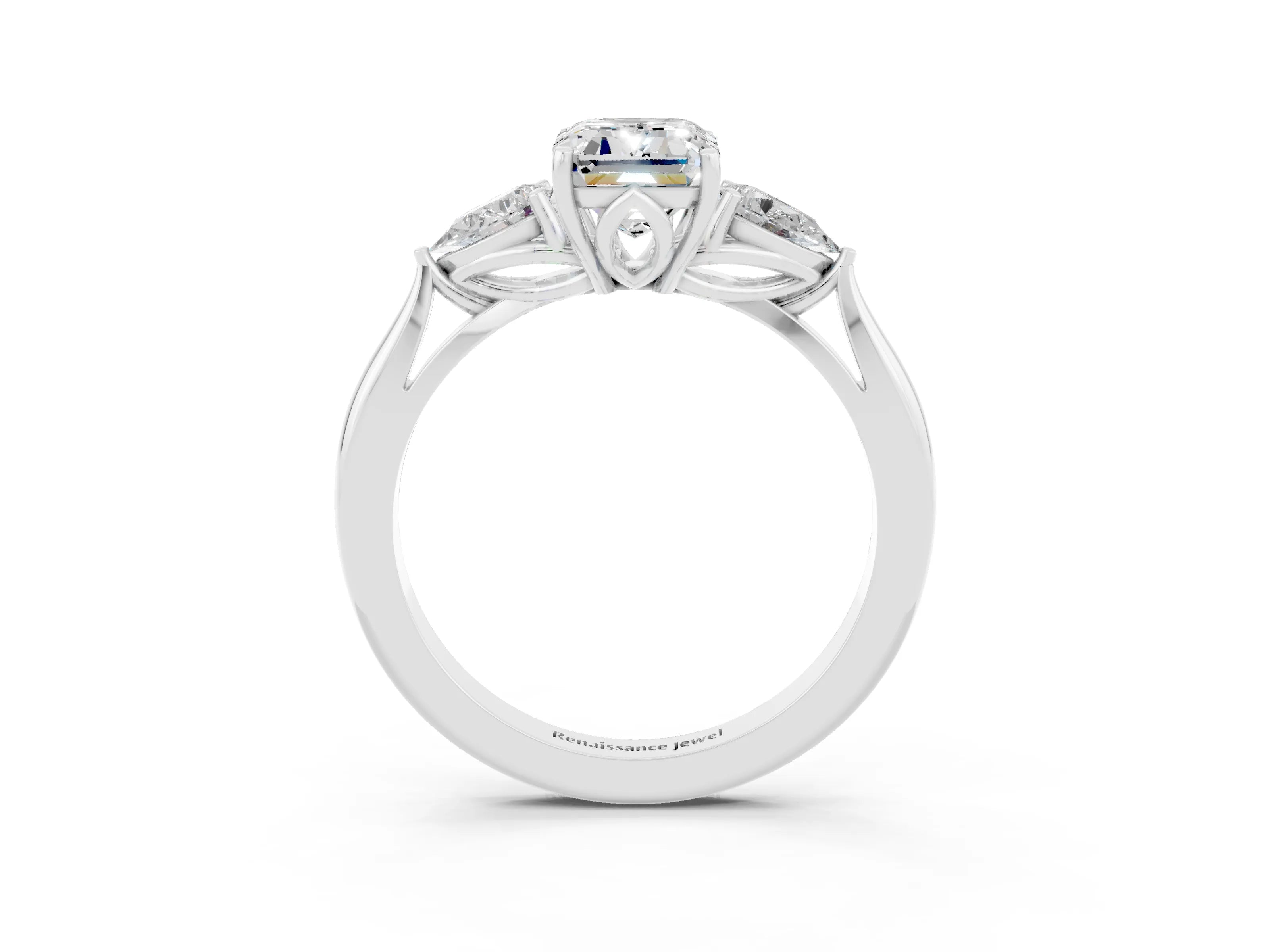White gold Emerald Cut Moissanite Three-Stone Ring with Pear Side Stones and Four-Prong Setting_15