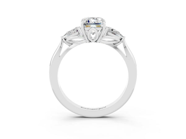 Silver Emerald Cut Moissanite Three-Stone Ring with Pear  Side Stones and Prong Setting