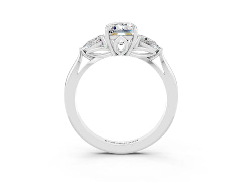 White gold Emerald Cut Moissanite Three-Stone Ring with Pear Side Stones and Four-Prong Setting_15