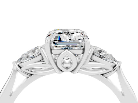 White gold Emerald Cut Moissanite Three-Stone Ring with Pear Side Stones and Four-Prong Setting_16