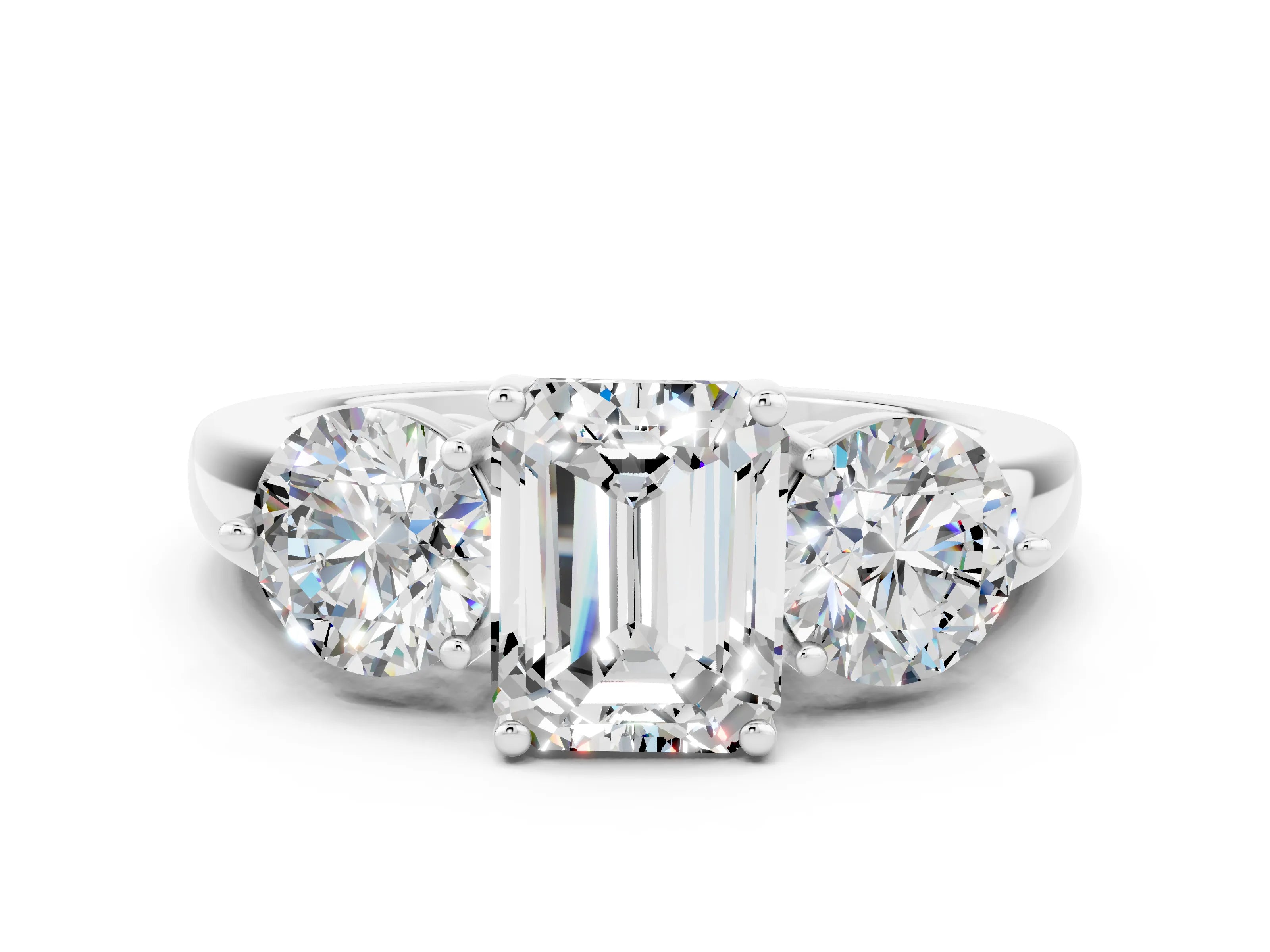 White gold Emerald Cut Moissanite Three-Stone Ring with Prong Setting and Classic Band