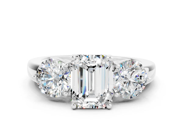Platinum Emerald Cut Moissanite Three-Stone Ring with Prong Setting and Classic Band