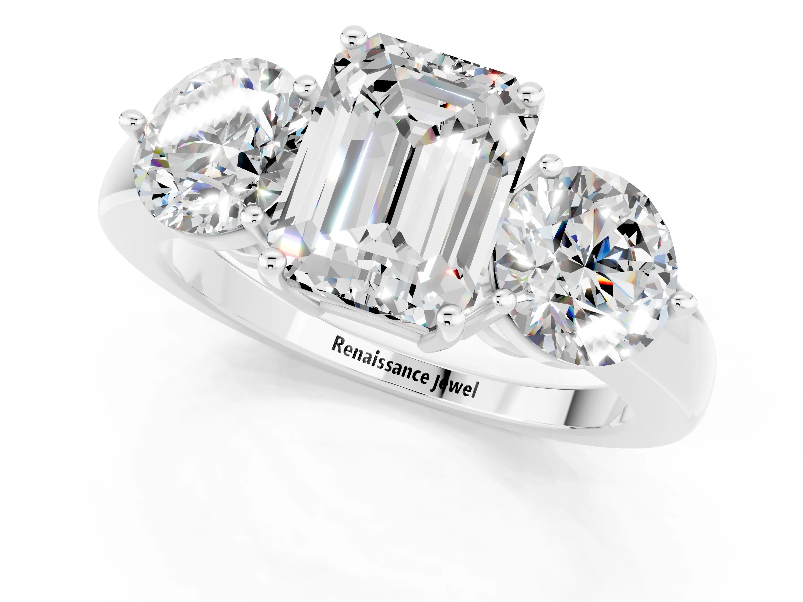 White gold Emerald Cut Moissanite Three-Stone Ring with Prong Setting and Classic Band_1