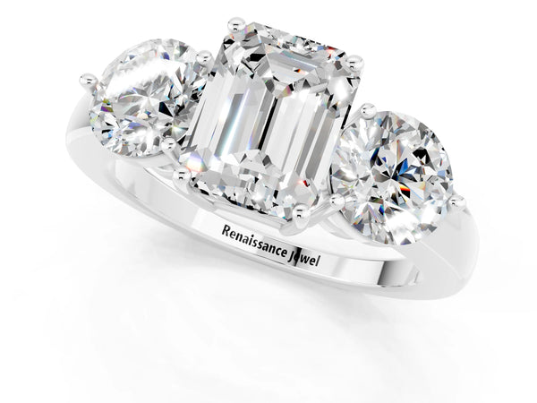 Silver Emerald Cut Moissanite Three-Stone Ring with Prong Setting and Classic Band