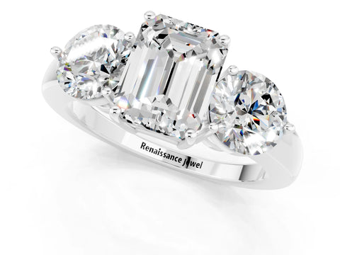 White gold Emerald Cut Moissanite Three-Stone Ring with Prong Setting and Classic Band_1