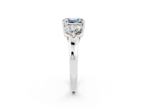 Platinum Emerald Cut Moissanite Three-Stone Ring with Prong Setting and Classic Band