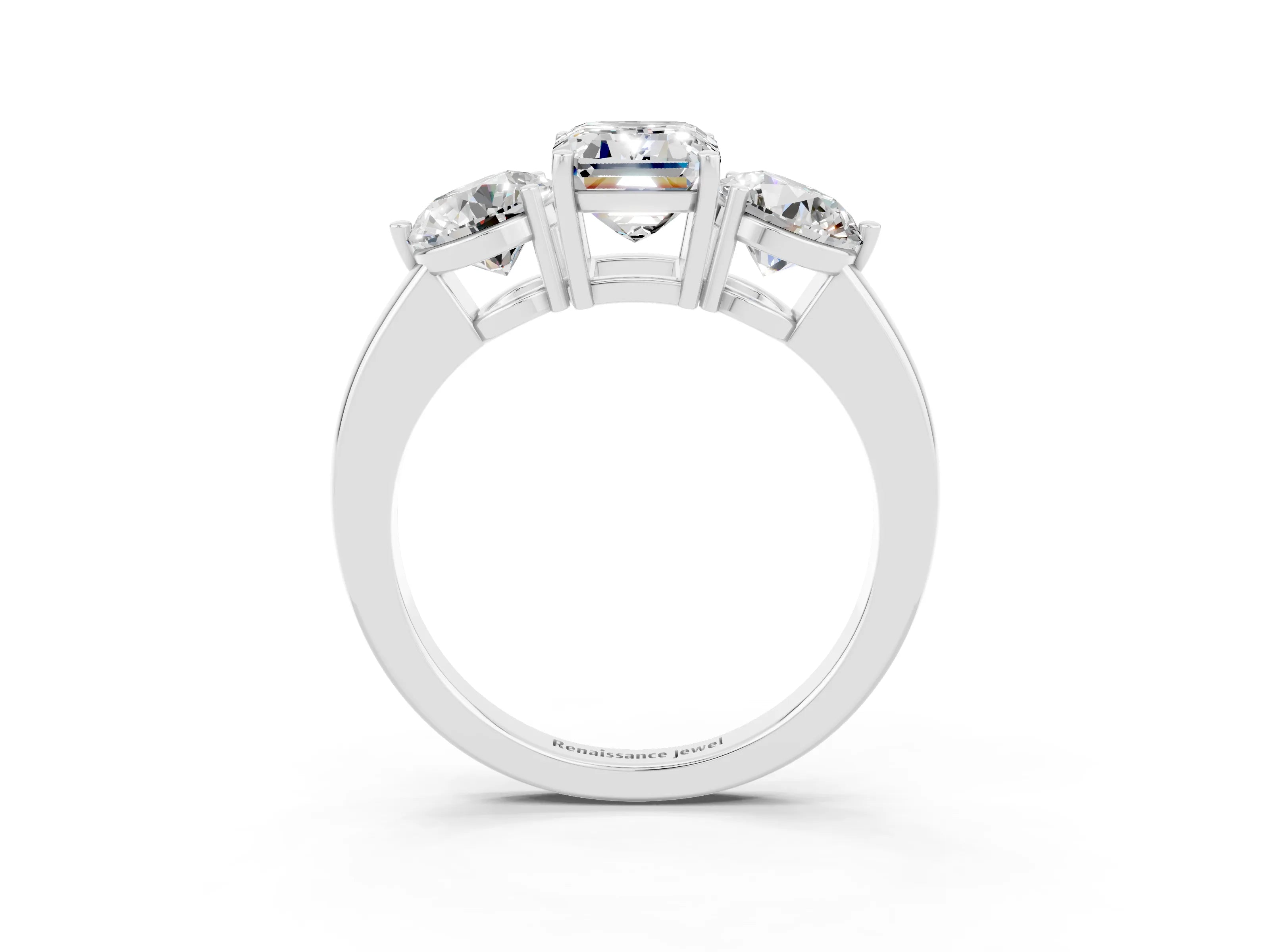 White gold Emerald Cut Moissanite Three-Stone Ring with Prong Setting and Classic Band_3