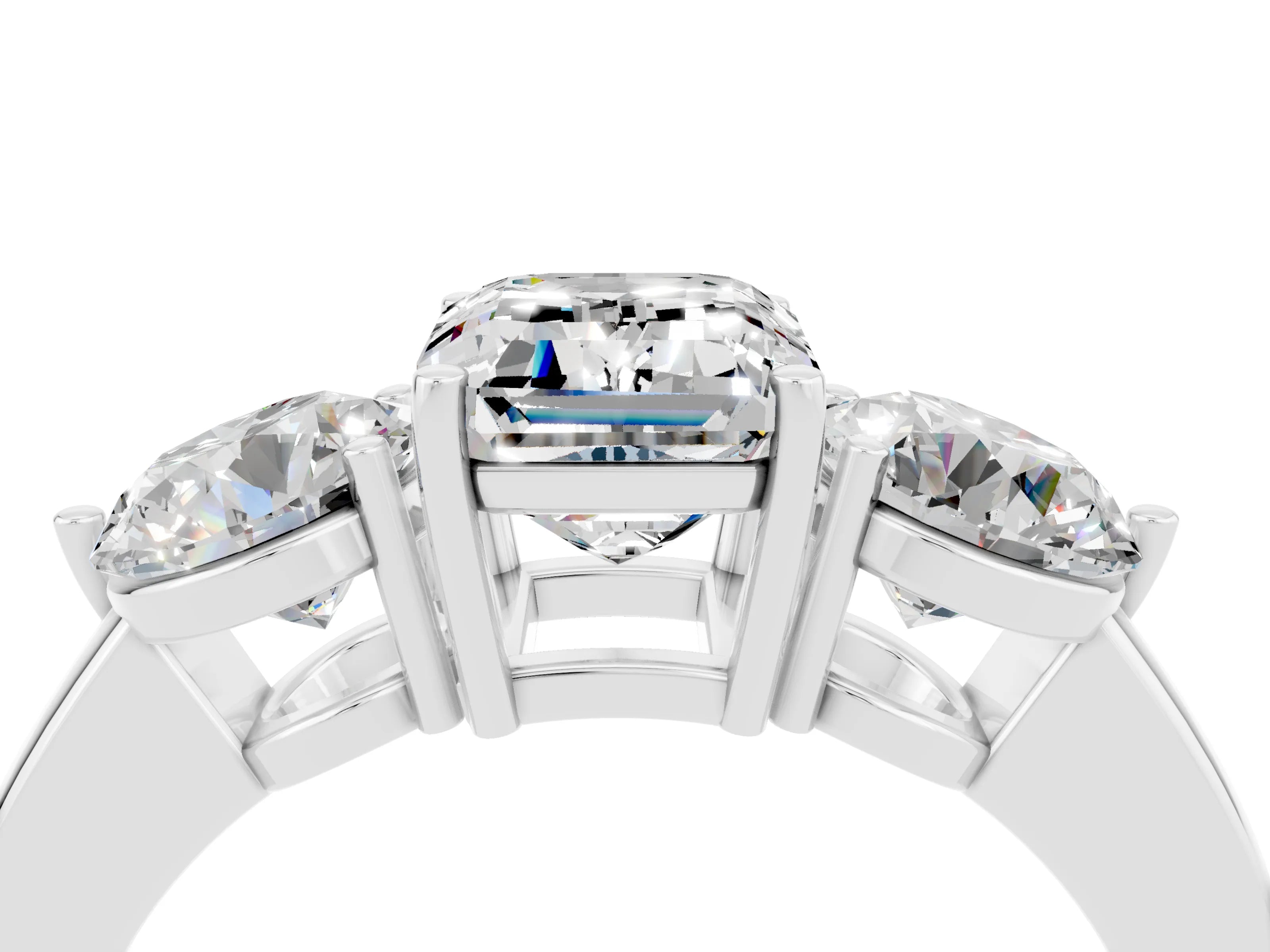White gold Emerald Cut Moissanite Three-Stone Ring with Prong Setting and Classic Band_4