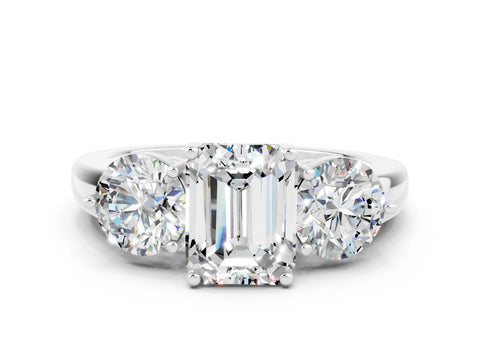 White gold Emerald Cut Moissanite Three-Stone Ring with Prong Setting and Classic Band