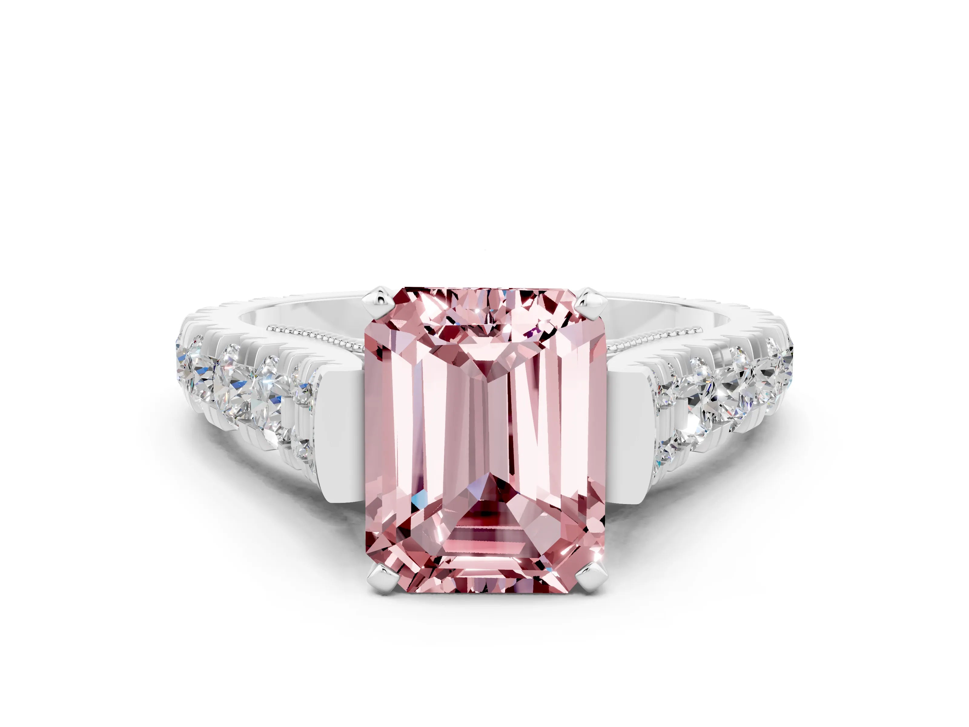 White gold Emerald Cut Morganite Classic Solitaire Ring with Pavé Band and Four-Prong Setting
