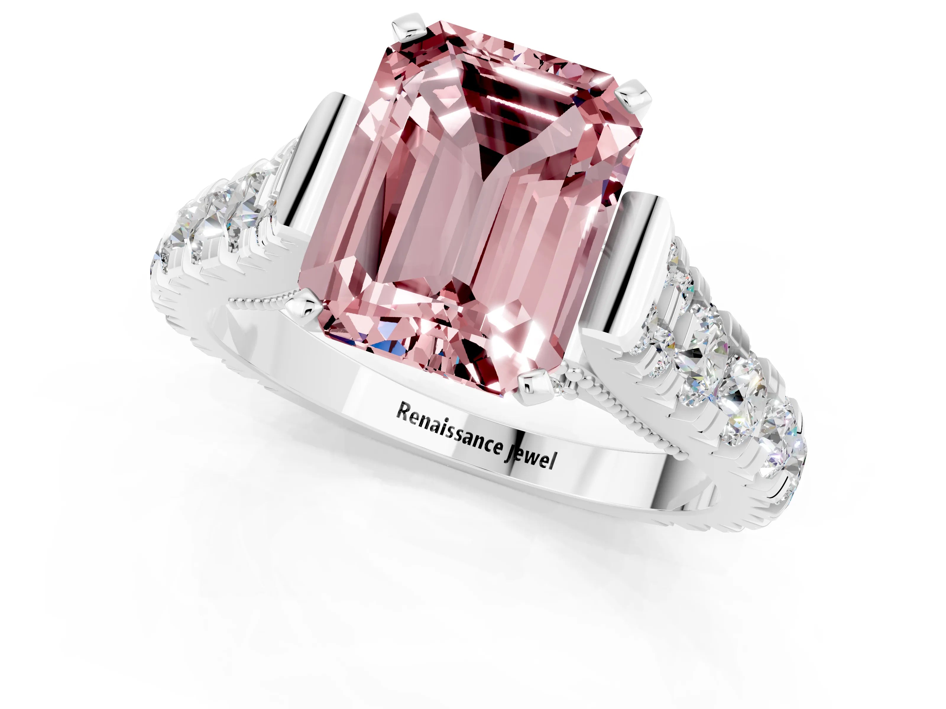 White gold Emerald Cut Morganite Classic Solitaire Ring with Pavé Band and Four-Prong Setting_1
