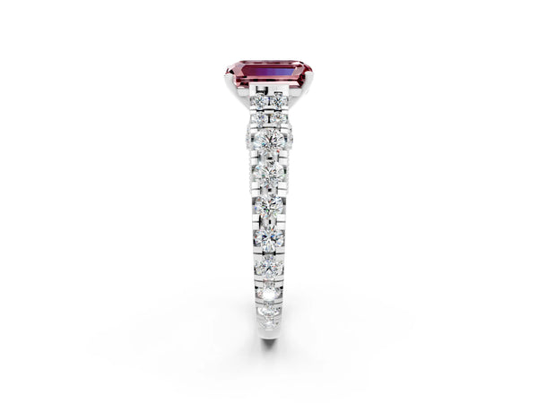 Platinum Emerald Cut Morganite Classic Solitaire Ring with Pavé Band and Four-Prong Setting