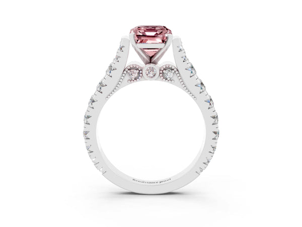 White gold Emerald Cut Morganite Classic Solitaire Ring with Pavé Band and Four-Prong Setting