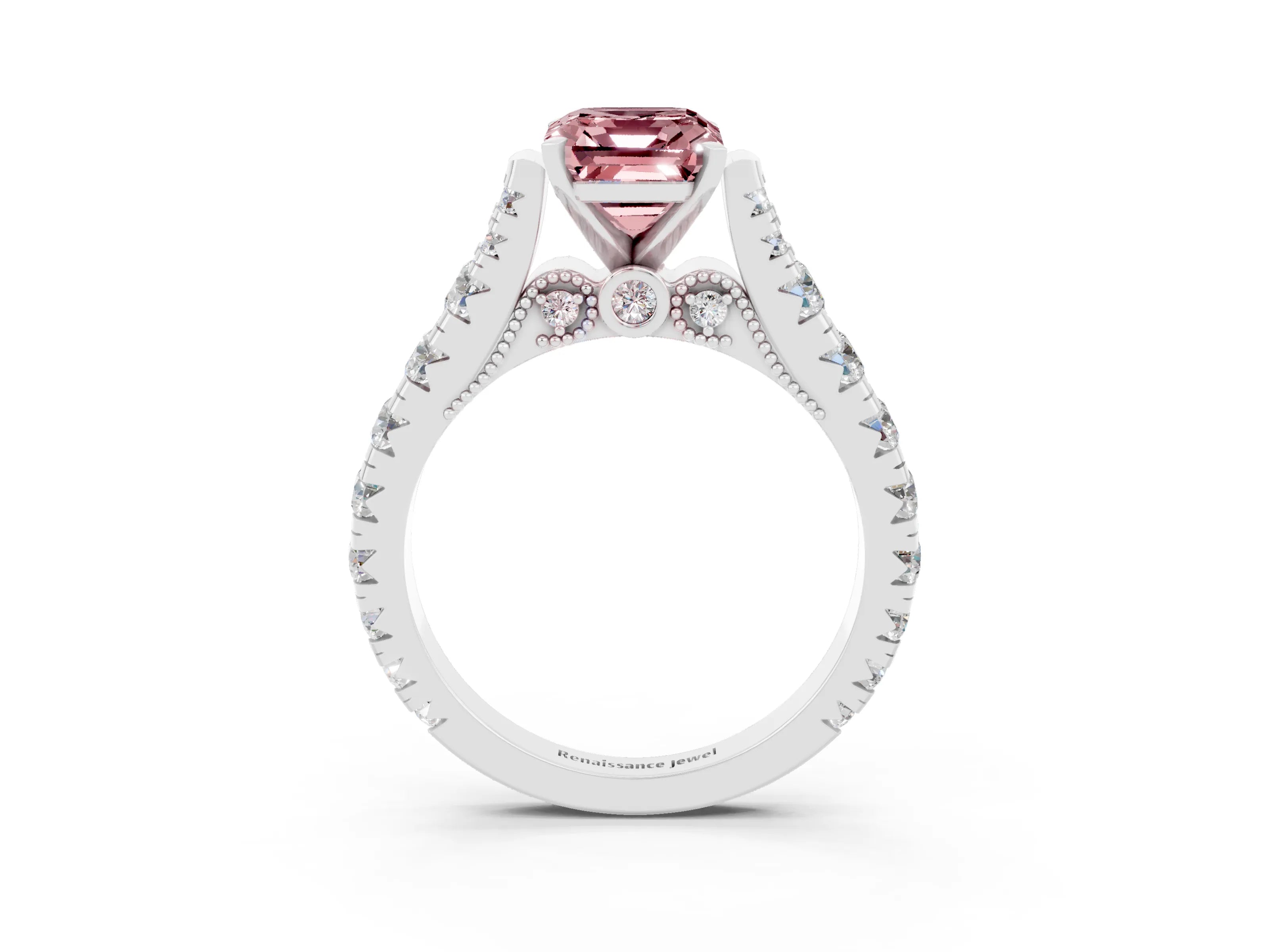 White gold Emerald Cut Morganite Classic Solitaire Ring with Pavé Band and Four-Prong Setting_3