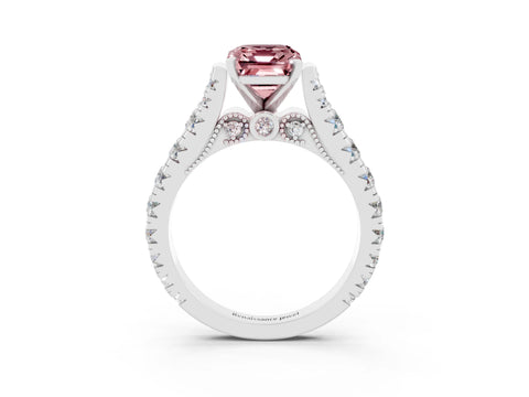 White gold Emerald Cut Morganite Classic Solitaire Ring with Pavé Band and Four-Prong Setting_3