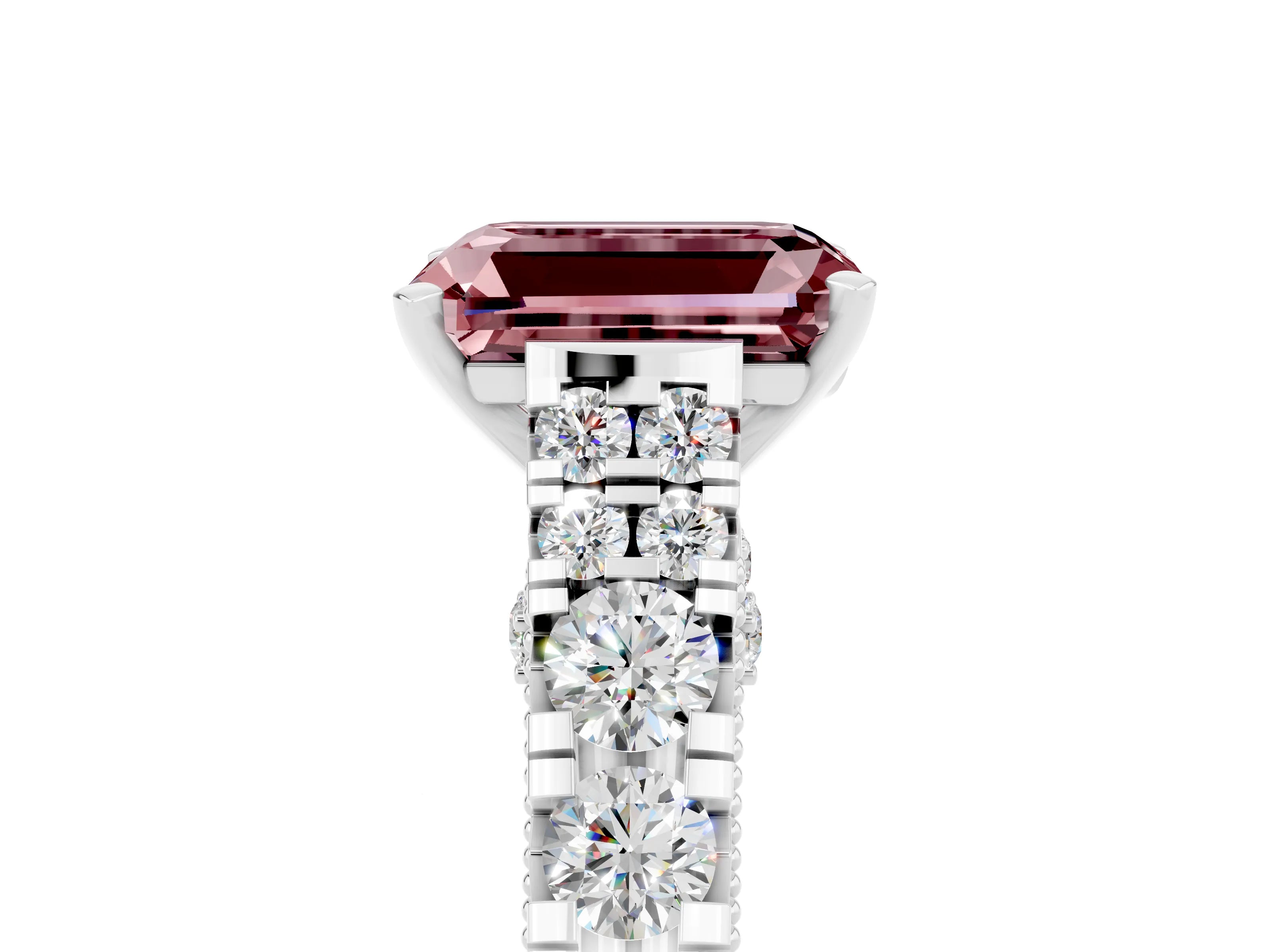 White gold Emerald Cut Morganite Classic Solitaire Ring with Pavé Band and Four-Prong Setting_5