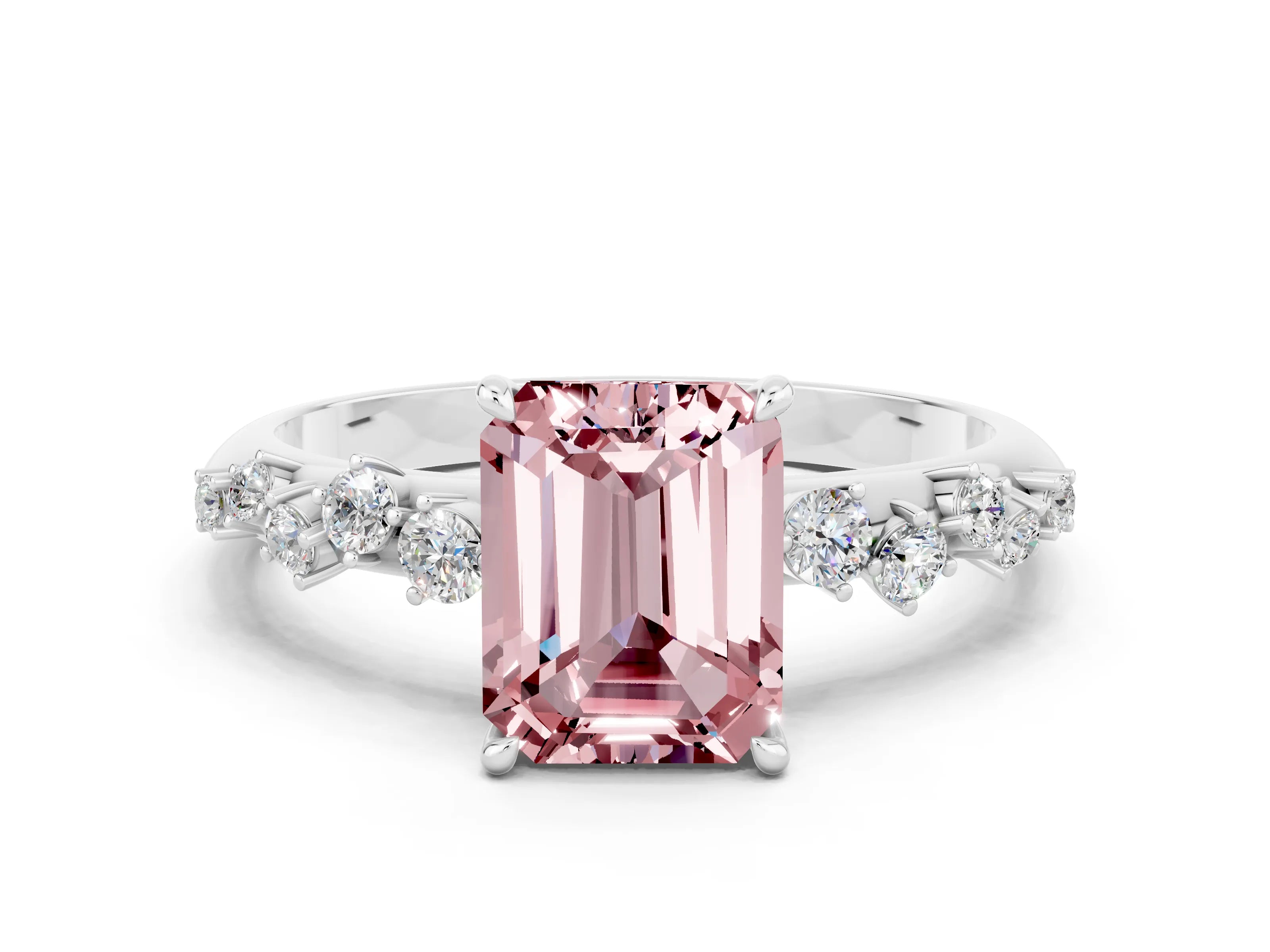 White gold Emerald Cut Morganite Cluster Side Stone Solitaire Ring with Prong Setting_24