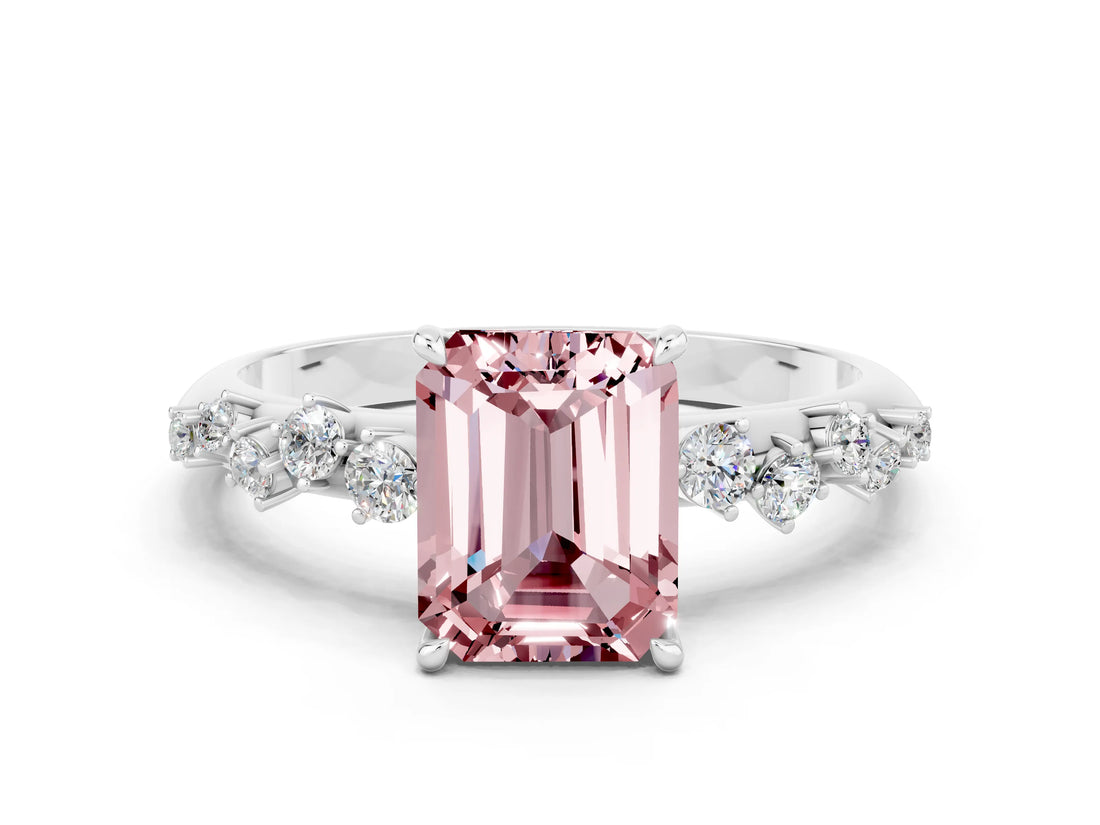 White gold Emerald Cut Morganite Cluster Side Stone Solitaire Ring with Prong Setting_24