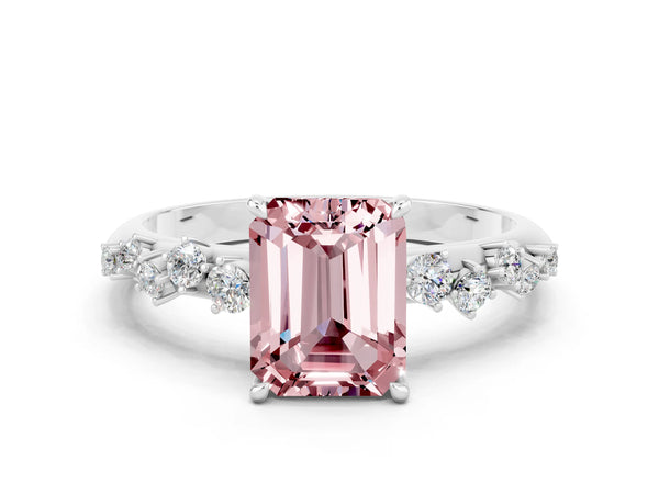 White gold Emerald Cut Morganite Cluster Side Stone Solitaire Ring with Prong Setting
