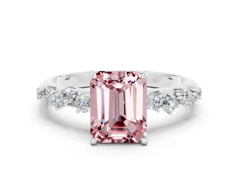 White gold Emerald Cut Morganite Cluster Side Stone Solitaire Ring with Prong Setting_24