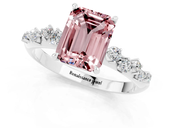 Platinum Emerald Cut Morganite Cluster Side Stone Solitaire Ring with Prong Setting