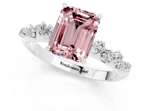 White gold Emerald Cut Morganite Cluster Side Stone Solitaire Ring with Prong Setting_25