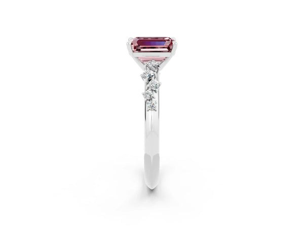 Platinum Emerald Cut Morganite Cluster Side Stone Solitaire Ring with Prong Setting