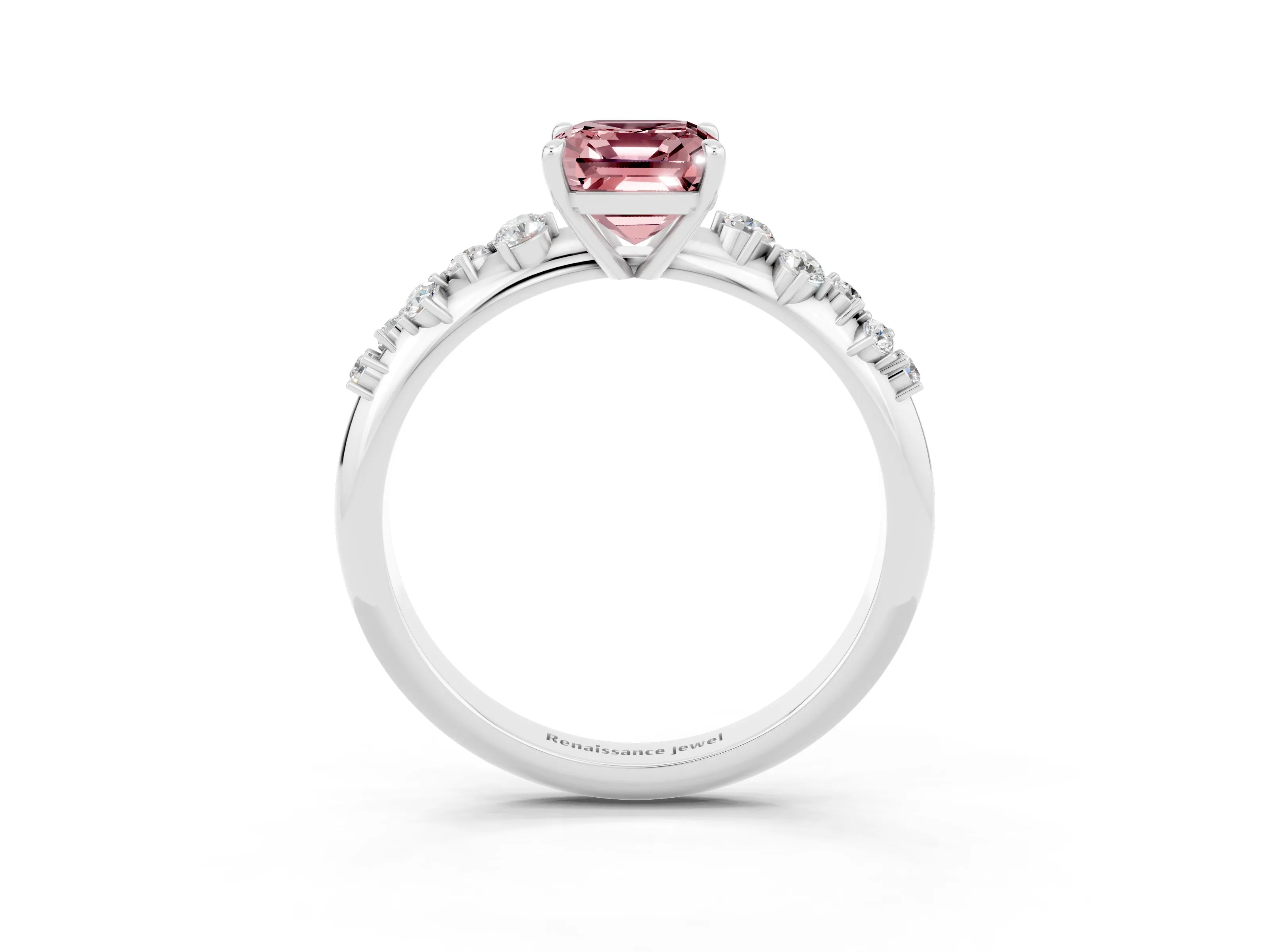 White gold Emerald Cut Morganite Cluster Side Stone Solitaire Ring with Prong Setting_27