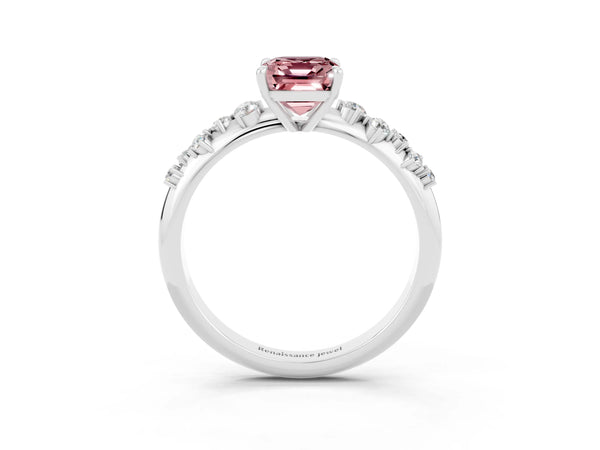 Silver Emerald Cut Morganite Cluster Side Stone Solitaire Ring with Prong Setting