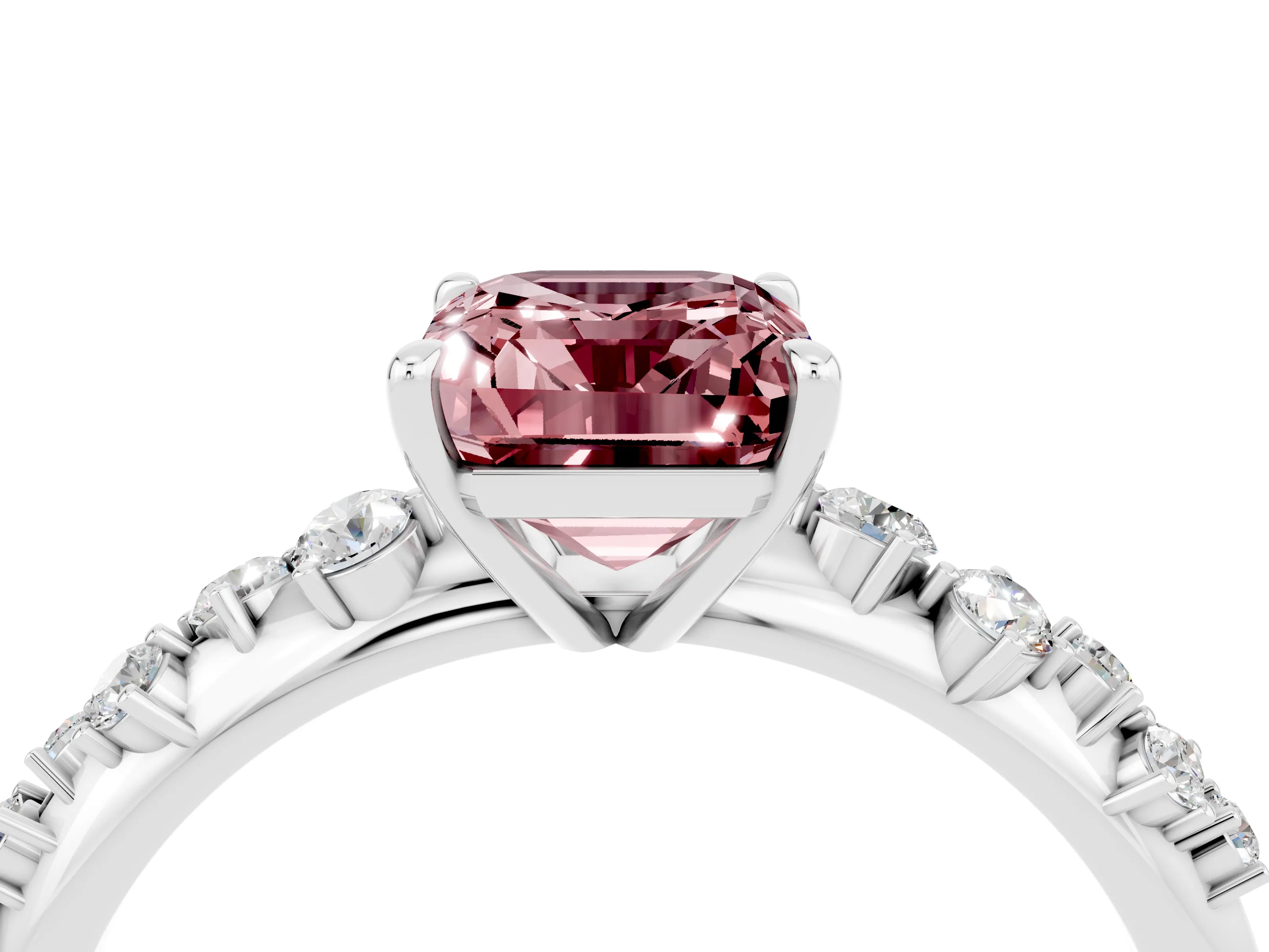 White gold Emerald Cut Morganite Cluster Side Stone Solitaire Ring with Prong Setting_28