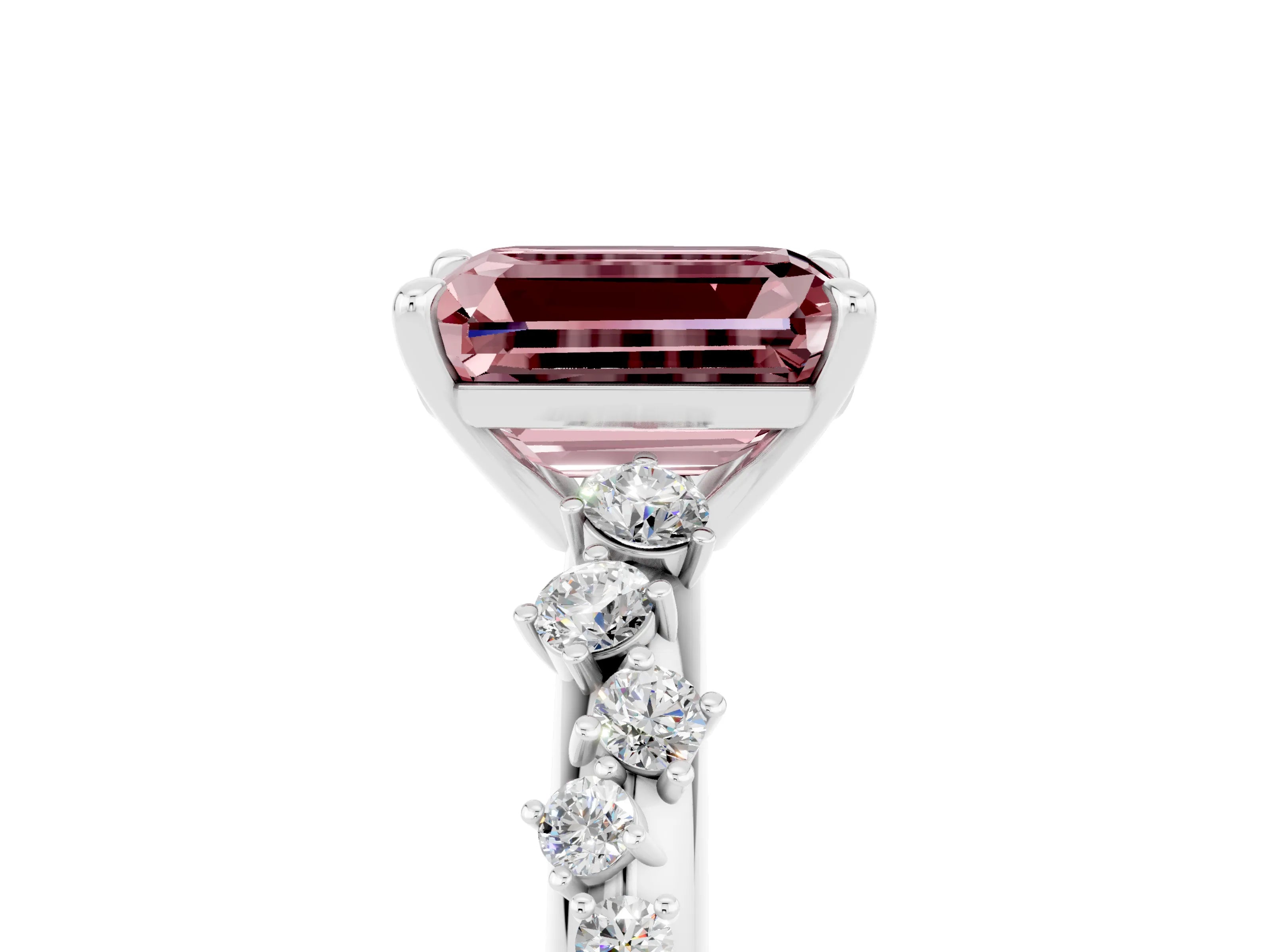 White gold Emerald Cut Morganite Cluster Side Stone Solitaire Ring with Prong Setting_29