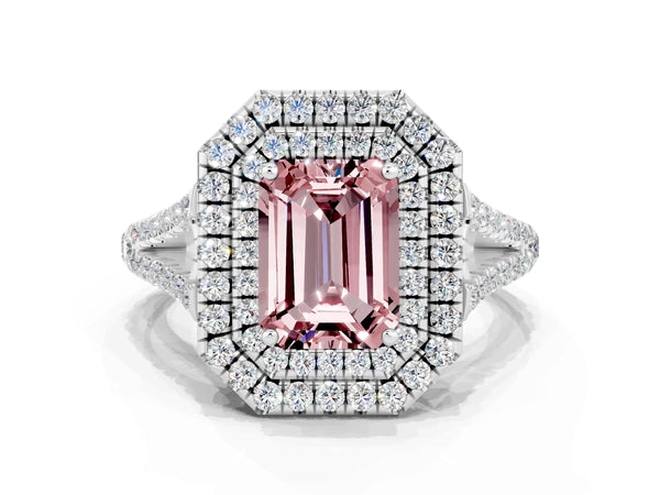 Silver Emerald Cut Morganite Double Halo Ring with Pavé Band and Prong Setting