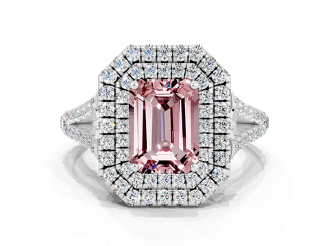 White gold Emerald Cut Morganite Double Halo Ring with Pavé Band and Prong Setting_12